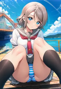 海辺にいる夏服姿の渡辺曜の座りパンチラ