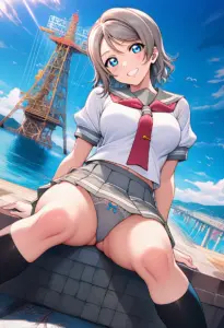 海辺にいる夏服姿の渡辺曜の座りパンチラ