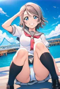 海辺にいる夏服姿の渡辺曜の座りパンチラ
