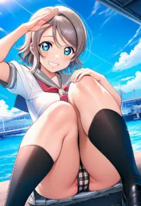 海辺にいる夏服姿の渡辺曜の座りパンチラ