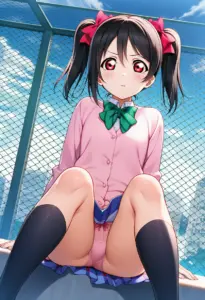 屋上にいる夏服姿の矢澤にこの座りパンチラ