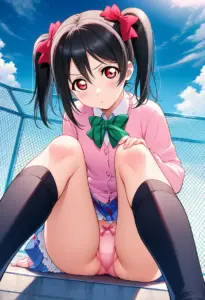 屋上にいる夏服姿の矢澤にこの座りパンチラ