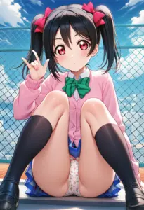 屋上にいる夏服姿の矢澤にこの座りパンチラ