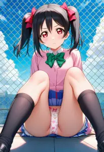 屋上にいる夏服姿の矢澤にこの座りパンチラ
