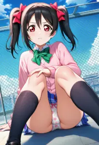 屋上にいる夏服姿の矢澤にこの座りパンチラ
