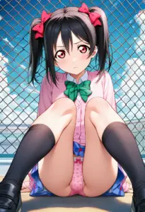 屋上にいる夏服姿の矢澤にこの座りパンチラ