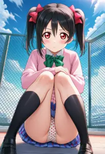 屋上にいる夏服姿の矢澤にこの座りパンチラ