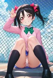 屋上にいる夏服姿の矢澤にこの座りパンチラ