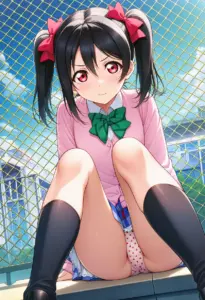 屋上にいる夏服姿の矢澤にこの座りパンチラ